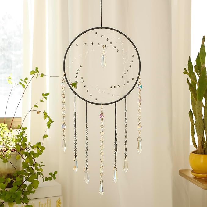 Artilady Dream Catchers with Crystals - Large Grey Boho Moon Dream Catcher Wall Decor House Decorations for Home Girls Kids Baby Bedroom Room Decor Christmas Birthday Teen Girl Boys Gifts