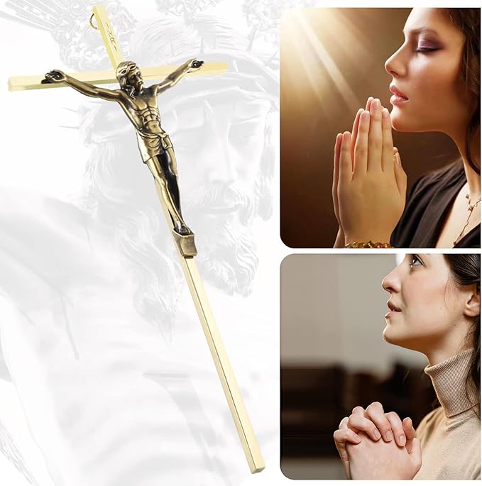 DCCXN Crucifix Wall Cross, Metal Catholic Hanging Cross Wall Decor - 10 Inch, Shiny Gold