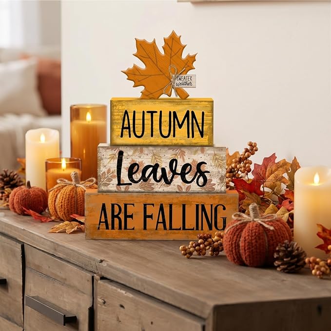 Lineshading 4 Pcs Fall Decoration for Home Wooden Maple Leaf Thanksgiving Table Centerpiece Rustic Thanksgiving Tiered Tray Decor Decorative Autumn Leaves Block Sign Farmhouse Autumn Decor for Kitchen
