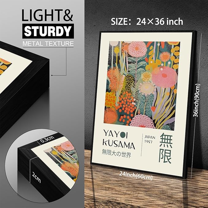 Abstract Yayoi Kusama Posters Japanese Wall Art Vintage Tokyo Aesthetic Prints Yayoi Kusama Inspired Japanese Gallery Wall Art for Stylish Room Bedroom Living Room Decor 24x36in Black Framed