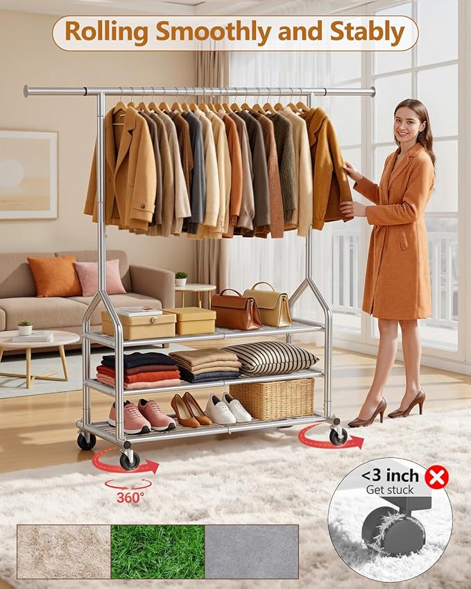EAGMAK Heavy Duty Clothes Rack Load 686 LBS, Rolling Clothing Rack with 3 Shelves, Height Adjustable Metal Coat Rack, Portable Garment Closet Wardrobe Organizer with Wheels for Hanging Clothes, Silver