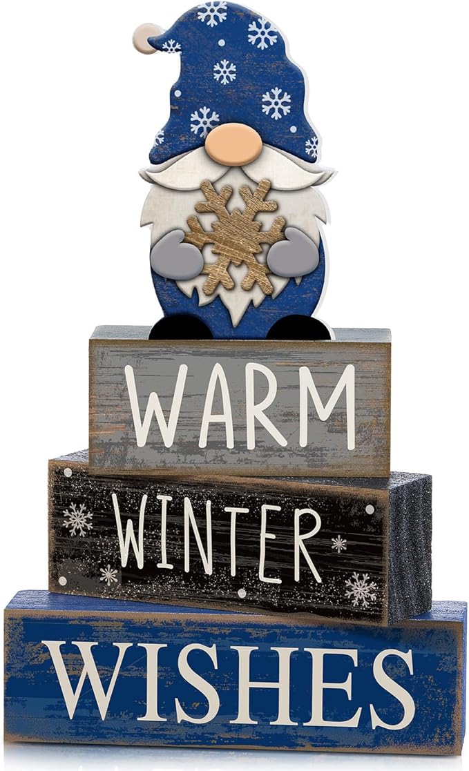 Lineshading 4 Pcs Winter Table Decorations Wooden Gnome Decor Winter Tiered Tray Decor Christmas Centerpiece Rustic Decorative Gnome Snowflake Block Sign Gift Farmhouse Xmas Signs for Home Kitchen