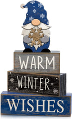 Lineshading 4 Pcs Winter Table Decorations Wooden Gnome Decor Winter Tiered Tray Decor Christmas Centerpiece Rustic Decorative Gnome Snowflake Block Sign Gift Farmhouse Xmas Signs for Home Kitchen