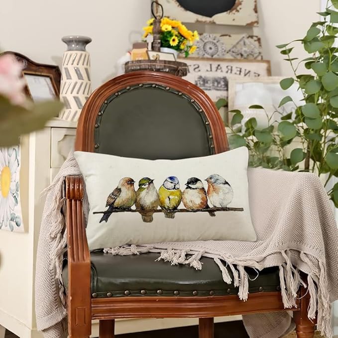 RABUSOFA Watercolor Birds Pillows Decorative Throw Pillows 12x20,Hand-Painted Oil Painting Rustic Birds Lumbar Pillow Cases,Cute Colorful Spring Summer Decorations for Home Couch Sofa Outdoor