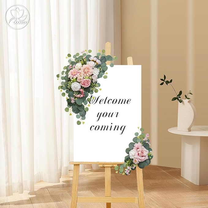 Odouzy Artificial Wedding Arch Flowers for Wedding Sign,Set of 2 for Welcome Ceremony Sign,Faux Floral Swags, Banquet and Reception Backdrop Floral Decoration (Pink)