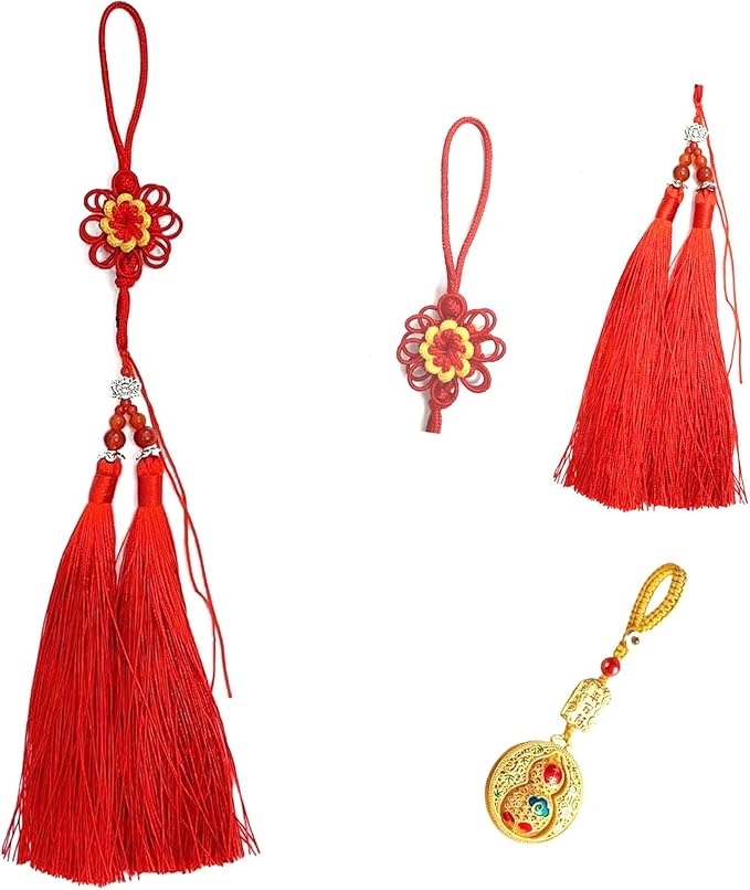 The Traditional Handwoven Sunflower Chinese Knot Double Tassel Pendant,Good for Entrance Door Decoration,car Hanging,Holiday Home Decoration,Blessings for Friends (red).