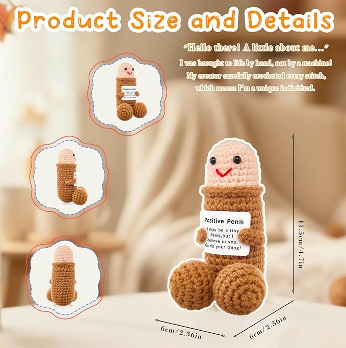 Funny Positive Crochet Animals Gag Doll Emotional Support Stuffed plushies for Adult Men Women,Weird Things Motivational White Elephant Christmas Gift (Brown Doll without Glasses)