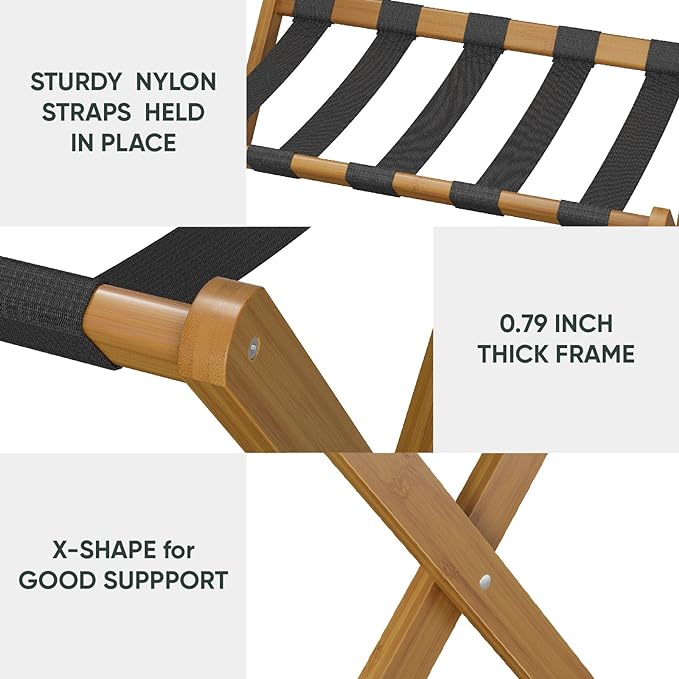 Luggage Rack, Folding Luggage Rack for Guest Room, Walnut Bamboo Suitcase Stand Holds up to 131 lb, Luggage Stand with Storage Shelf for Hotel, Bedroom (1 Pack)