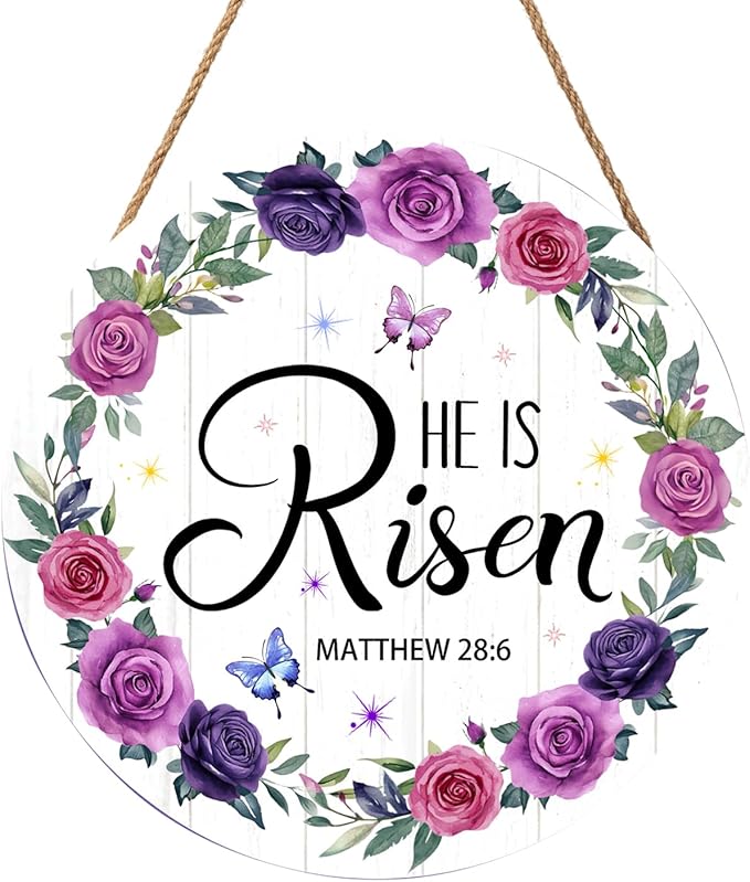 Harooni Easter Wall Hanging Decoration Sign, 12x12 Inch, He is Risen Wreath, Floral, Vertical, Unframed, Wooden, Indoor and Outdoor, Religious Holiday, Entryway