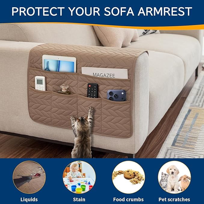 Remote Control Holder for Armchair, Couch Caddy Organizer TV Remote Holder for Recliner Couch With 6 Pockets, Non-Slip Arm Chair Caddy Bedside Table Organizer for Magazine, Tablet, Phone (Beige)