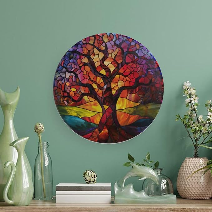 Stained Glass Theme Decorative Ceramic Plate Round Porcelain Plate,7 inch,Tree of Life Pattern,for Decorative Ornaments Giving Plates, 1 Plate with 1 Display Stand,Orange Purple