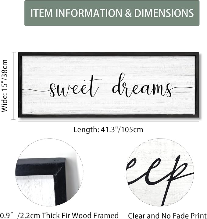 Sweet Dreams Wall Decor Above Bed 41.3''×15'' Large Farmhouse Wall Decor for Bedroom Guest Room Decor Framed Wood Wall Art Rustic Master Bedroom Wall Decoration (black frame)