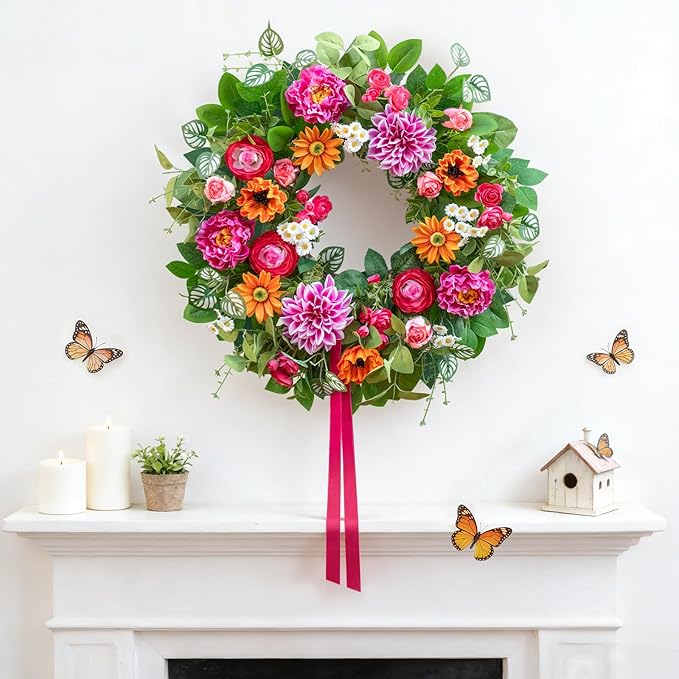 Spring Summer Wreaths for Front Door 24 Inch with Dahlia, Peony & Daisy Spring Wreaths for Front Door Outside Summer Door Wreath for Entryway, Porch & Home Décor Outdoor Summer Wreath