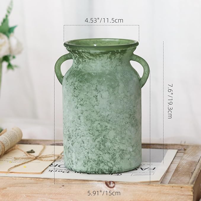 Glass Flower Vase with Handle – 8 Inches Rustic Imitation Ceramic Vase for Flowers, Vintage White Green Centerpiece Decor for Farmhouse, Modern Home, Table & Holiday Decorations