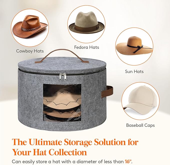 Lifewit Round Cowboy Hat Box for 7 Caps, Large Felt Hat Organizer Bag for Men&Women Storage, Baseball Cap Container with Lid for Travel, Foldable 16.5" Dx10.6 H Carrier, 37L Each, Gray 1 Pack