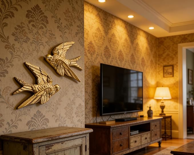 AMOIENSIS Golden Bird Wall Sculpture Art, (Set of 2) 4¾ inch Resin Bird 3D Sculpted Floating Hanging Wall Sculpture Decoration