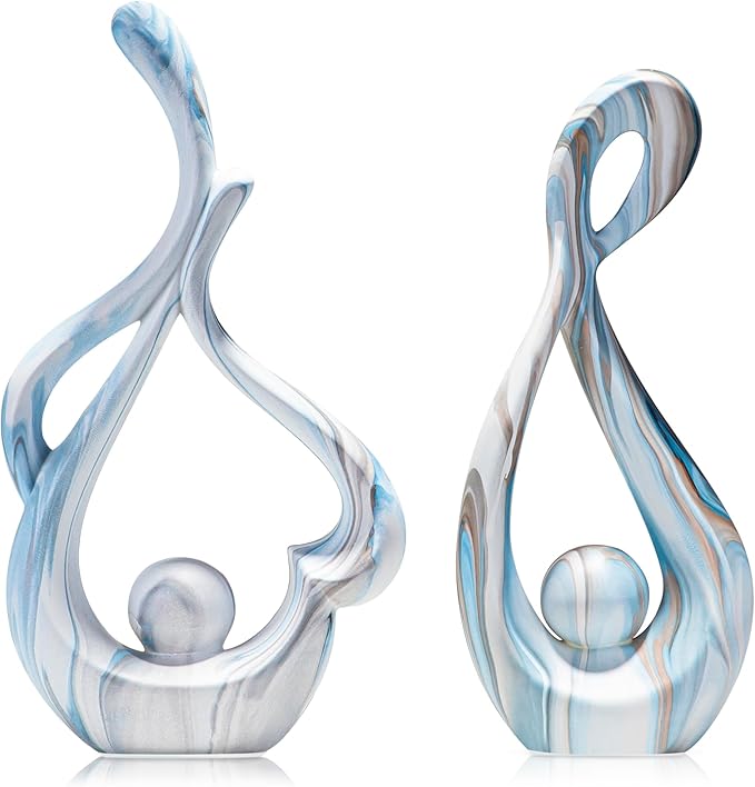 Blue Marble Abstract Sculptures Set of 2, Faux Marble Ceramic Statues, Coffee Table Centerpiece for Living Room, Entryway, Office, Shelf, Dresser Decor (11.22"&12.01" H)