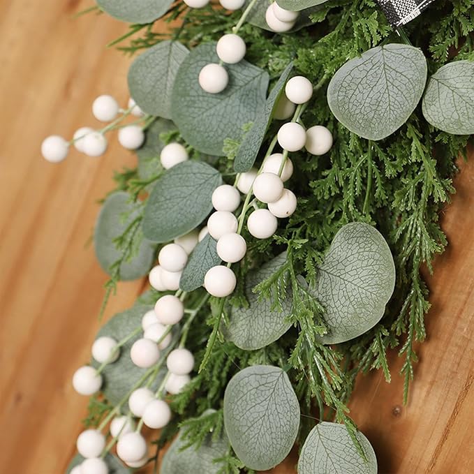 BestAlice 19.7 Inch Eucalyptus Swag with Bow, Wall Hanging Greenery Teardrop Wreath, Artificial Green Leaves Wreaths Decorative for Front Door Farmhouse Decor