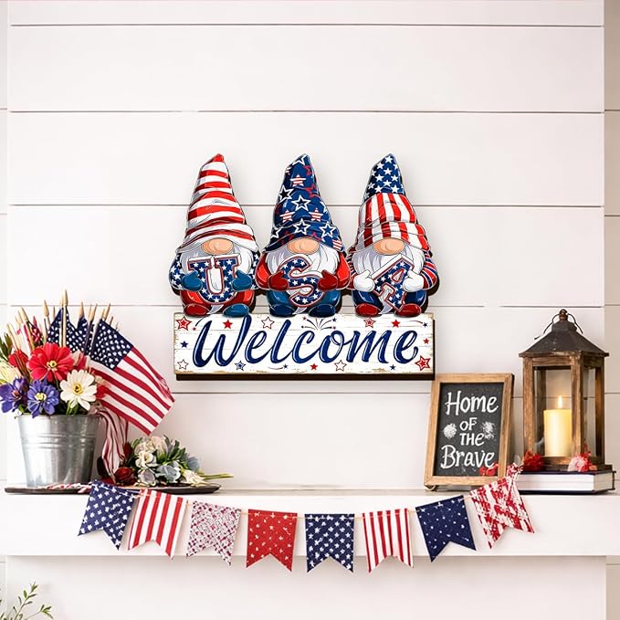 Wooden 4th of July Decorations Patriotic Wreaths for Front Door Independence Day Decorations Star Sign Welcome Memorial Day Hanging for Home Wall Decor Outdoor Indoor Red White and Blue Wreath 9