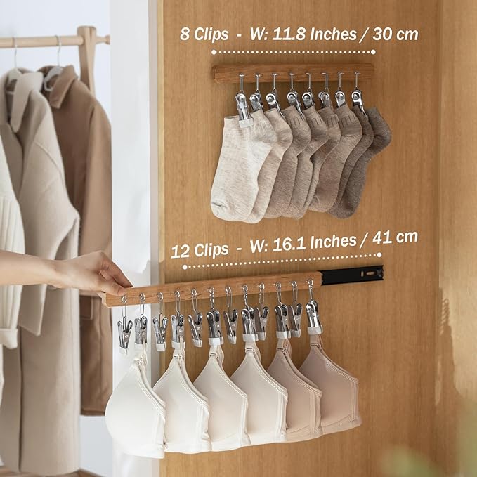 MORNITE Pull Out Hat Rack for Closet, Sliding Hooks Hanger Rack with Clips for Bras Caps Underwear Socks Scarves Gloves Handkerchiefs, Dual Side 12 Clips Rail, 2 Pcs