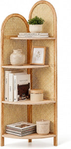 4 Tier Farmhouse Corner Shelf, 70" Tall Pine Wood and Rattan Corner Bookshelf for Small Spaces, Freestanding Display Shelf for Living Room, Bedroom, Bathroom, Kitchen, Natural