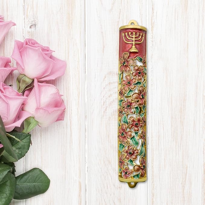 Mezuzah with Scroll for Door, Enamel&Zinc Alloy Blessing Mezuzah Case for Door, Colored Painted Mezuzha Scroll Kosher for Jewish Gifts/Jewish Decor, Christmas (Red and Gold, 1.1x6.49 in)