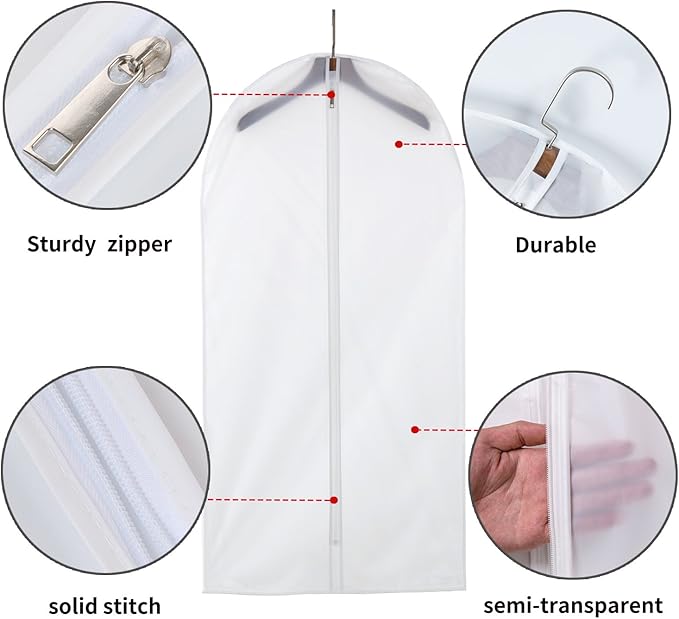 Garment Bags 12 Pack, 24 x 40 Hanging Clothes Storage Bags, Translucent PEVA Garment Covers with Full Zipper for Suits and Dresses