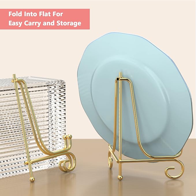 6 Pack 3 Size Iron Display Stand, Gold Easel Plate Display Photo Holder Stand, Displays Picture Frams, Decorative Plates, Tablets, Books and Artworks (4, 6, 8 Inch)