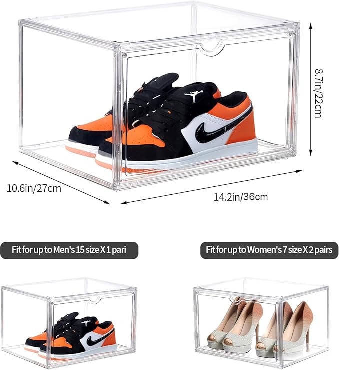 Sneaker Shoe Display Case,Shoe Box with Clear Magnetic Door,Thicken & Sturdy Organizer Containers Stackable,Fit Shoe Size Up to US 14 (X-Large) (X-Large-2pack)