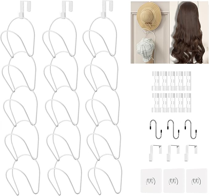 LINFIDITE 15 Pack Baseball Hat Rack Hanger Holder Organizer Multi Hook Wall Mounted Over Door Cap Display Storage Rack Cap Holder, Closet HangingStorage Rack w Hanging Hook White