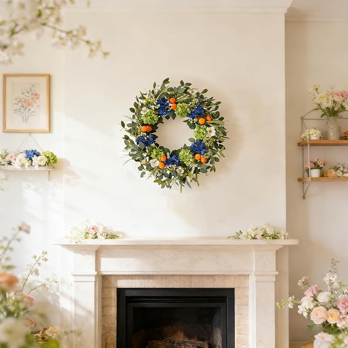 Idyllic 26 Inch Spring Summer Wreath for Front Door - Blue Green Hydrangea Wreath with Orange Berries and White Flowers, Foldable Base for Indoor Outdoor Decor