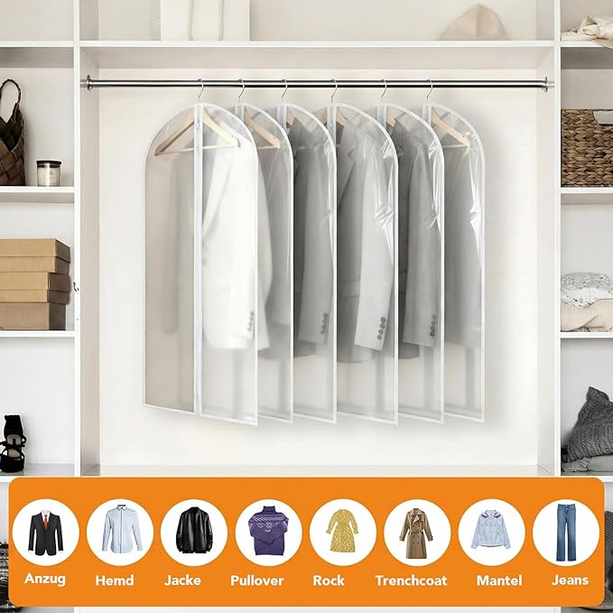 6 Pack Garment Bags 60 * 100cm, 40in PEVA Translucent Garment Covers, Suit Storage Bags, Dress Organizer Bags Used To Protect Shirts, Winter Coats, Jackets（White Edge）