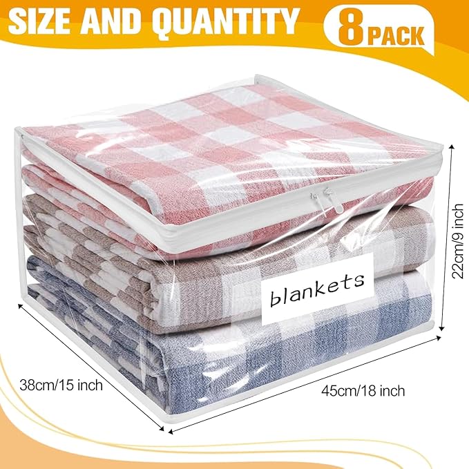 Plastic Storage Bags with Easy-Glide Zipper, Pack of 8, Durable Clear Vinyl Zippered Storage Bags for Clothes Sweaters Comforters Blankets Sheets Bedding (18 x 15 x 9 Inch)