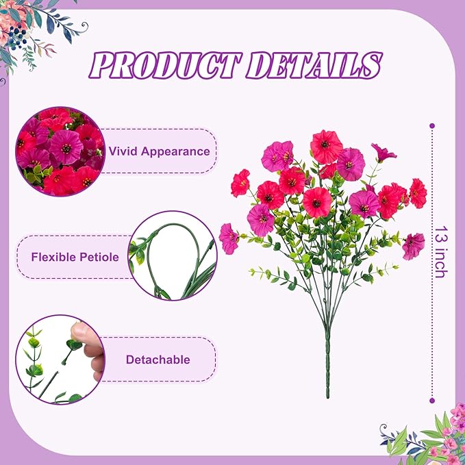 Artificial Flowers for Outdoors, 10 Bundles Fake Plastic Flower Plant, Faux Colorful Silk Morning Glory Eucalyptus for Spring Summer Outside Garden Porch Front Door Decor, Hot Pink Purple