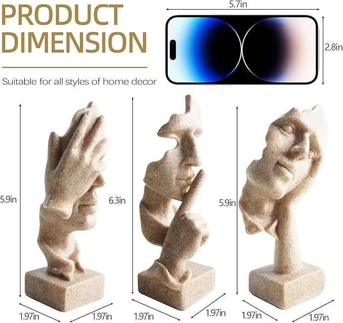 aboxoo 3 Pcs Thinker Statue, Silence is Gold, See No Evil Hear No Evil Speak No Evil Statues, Modern Resin Sculptures Decor for Living Room, Home, Office Study (Sandy)