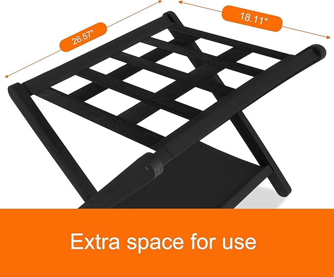 Heybly Luggage Rack, Pack of 2, Folding Suitcase Stand with Storage Shelf, Heavy-Duty Luggage Holder for Guest Room Bedroom Hotel, Holds up to 165 lb,Black, HLR010B2