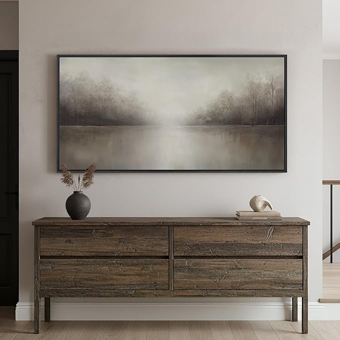 Framed Abstract Landscape Wall Art for Living Room, Extra Large Brown Misty Lake Trees Canvas Artwork for Walls, Horizontal Minimalist Wabi Sabi Painting Print for Bedroom Office Wall Decor, 30x60 In