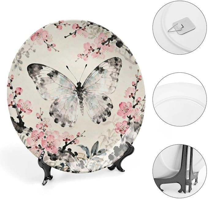 Customize Gifts Plates Ceramic, William Morris Pink Floral And Butterflies Porcelain Dessert Plate Set Household with Display Stand, Rustic Decor for Kitchen Art Decoration Festival, 6", 7", 8", 10"
