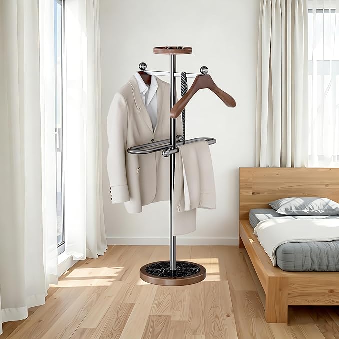 Metal Valet Stand with Tray, Clothes Valet Stand for Men with 2 Suit Hangers, Multifunctional Suit Valet Stand with Sturdy Base, for Entryway, Bedroom, Office H:54.33IN