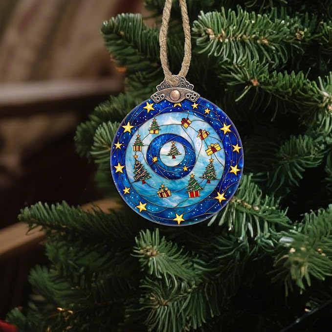 DASTOLL Stained Glass Christmas Decorations, Blue and Gold Star Gift Box Suncatcher for Window Christmas Tree Hanging Ornaments Sun Catcher Xmas Decor Gifts for Women Men Mom Nana Friend
