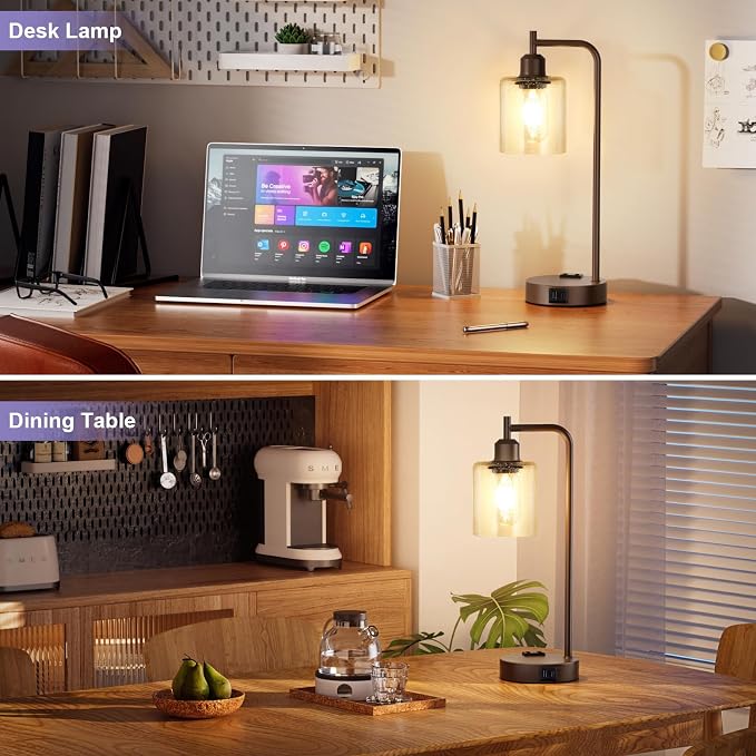 Innqoo Industrial Touch Table Lamps - 3-Way Dimmable Desk Lamps Set of 2 with USB C+A Ports and Outlet, Brown Bedside Lamps with Clear Glass Shade for Living & Bedrooms