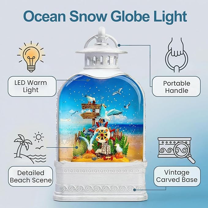 Nautical Theme Snow Globe Lantern with Music - USB or Battery Powered Light Up Water Lantern with Seagull - Swirling Glitter Water Globe for Summer Costal Ocean Decor - Gift for Ocean Lover (Seagull)