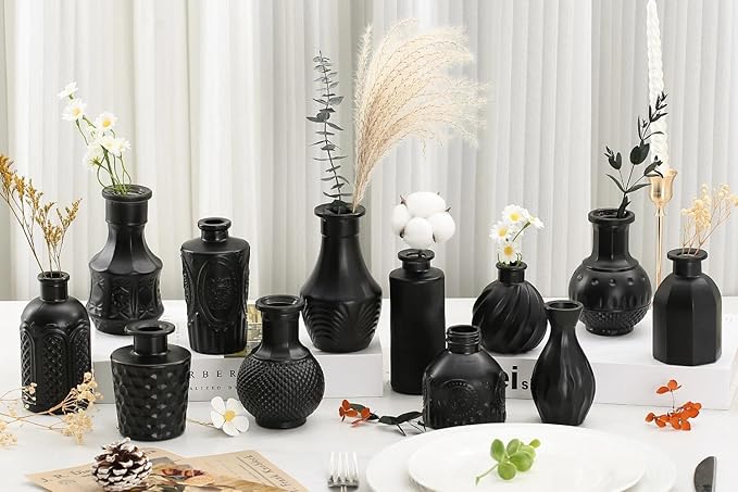 Mini Bud Vases As Wedding Centerpieces for Tables,Clear Bud Vases for Flowers,Small Flower Vases Suitable for Birthday Party,Anniversary,Wedding Reception,Baby Shower (Matt Black, 24PCS)