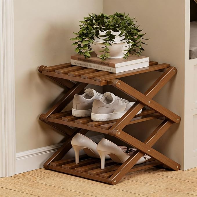 The 9-Tier No-Assembly Bamboo Rack, 2-9 Tier Folding Shoe Storage Rack, Space-Saving Organizer for Shoes, No Assembly Narrow Shoe Shelf for Entryway Closet Dorm (Brown, 3 Tier)