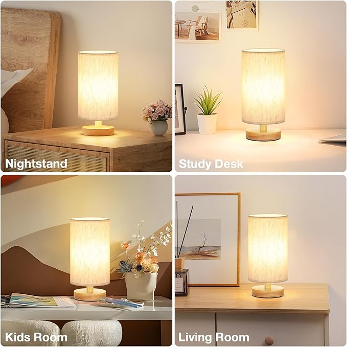 Fenmzee Small Lamps Set of 2 - Inline Control, Bedside Table Lamp for Bedroom with 3000K A15 LED Blub, Easy Assembly (Cream Shade - Wood Base Set of 2, 9" Inline Control)
