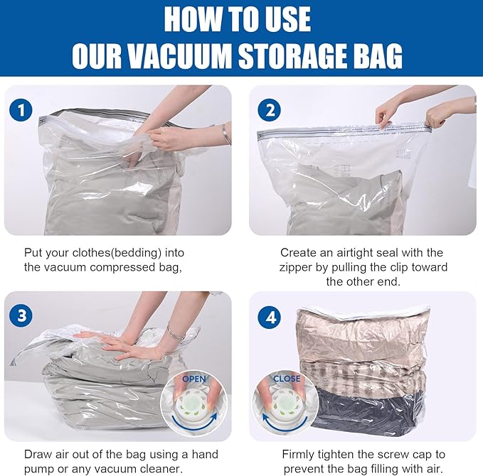 4 Pack Extra Large Thickened Cube Vacuum Seal Storage Bags, Space Saver Compression Storage Bags for Clothing Comforters Pillows Blankets, No Pump Needed