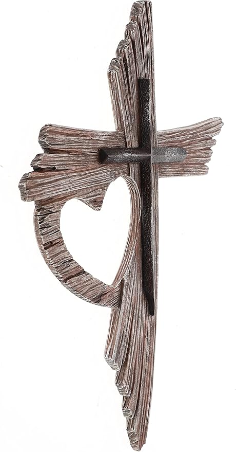 Top Brass Rustic One Love Decorative Heart Wall Cross - Multi Layered Weathered Wood Look Spiritual Jesus Art Sculpture