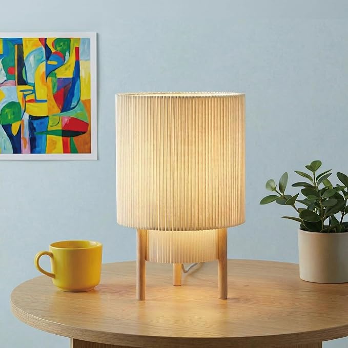 Buruis 2-Tier Table Lamp with Pleated Fabric Shade, Natural Rubber Wood Stand, UL Listed, 10'' Elegant Retro Mid-Century Bedside Lamp for Bedroom, Living Room, Bookshelf, Bulb Not Included, Beige