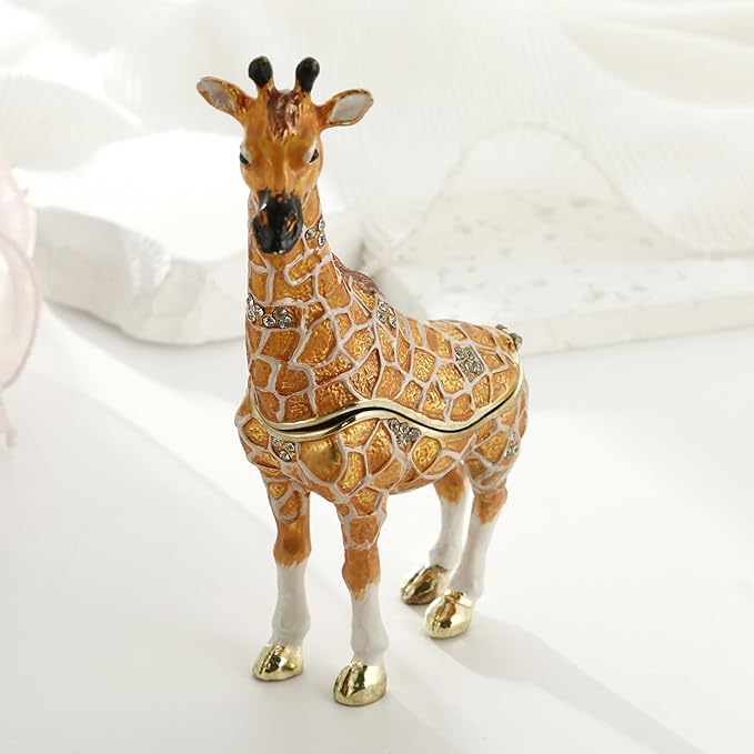 Hand Painted Trinket Box for Home Decor Accents, Enamel Hinged Jewelry Box for Bookshelf Office Table Desk Decoration, Classical Figurine Collectible Keepsake Animal Sculptures (Giraffe-Yellow)