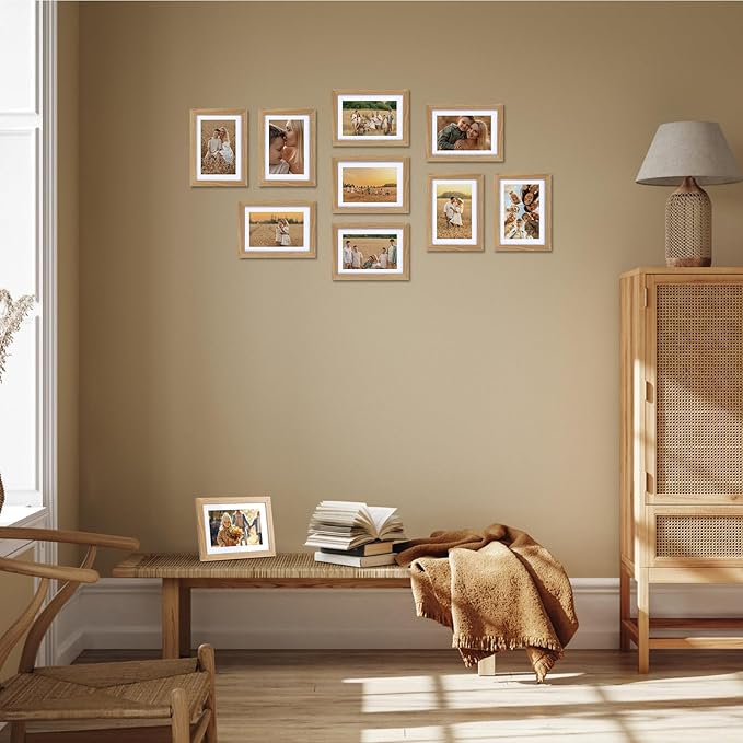 Lyeasw 4x6 Picture Frame Set of 15, Display Pictures 5x7 without Mat or 4x6 with Mat, Natural Wood Color Multi Photo Frames for Wall or Tabletop